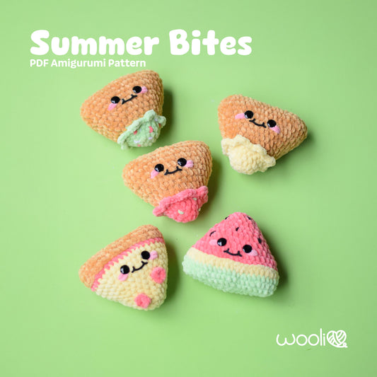 Summer Bites Pizza, Watermelon and Chip PDF Amigurumi Pattern | English and Spanish