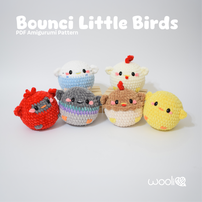 Bounci Little Birds (Chicken, White Chicken, Brown Chicken, Budgie, Pigeon and Cardinal) | PDF Amigurumi Pattern | English and Spanish