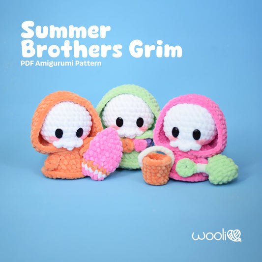 Summer Brothers Grim Surfer, Sandcastle Builder and Hula Dancer PDF Amigurumi Pattern | English and Spanish