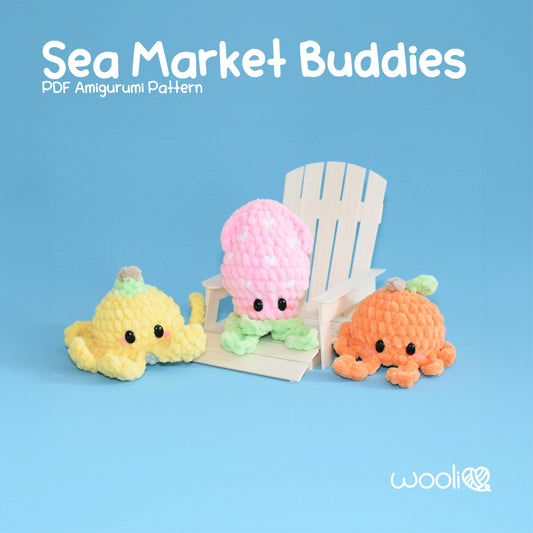 Sea Market Buddies Mini Banana Octopus, Mini Strawberry Squid and Mini Orange Crab Amigurumi Pattern PDF | English and Spanish